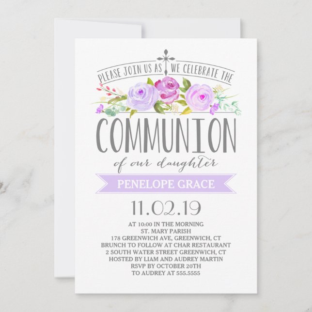 Rose Banner | Girl Communion Invitation | Purple (Front)