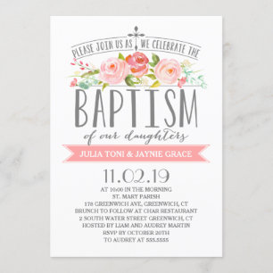 Rose Banner Twin Girls Baptism Invitation