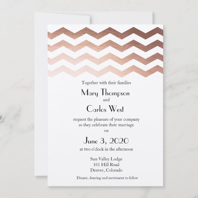 Rose bilingue Gold Chevron Faire-part de mariage (Devant)