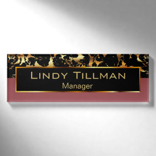 Rose, Black and Gold Marble 3 Name Tag