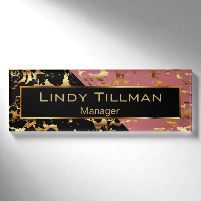 Rose, Black and Gold Marble Name Tag (Front)