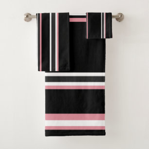 Rose Black And Grey Stripes Bath Towel Set
