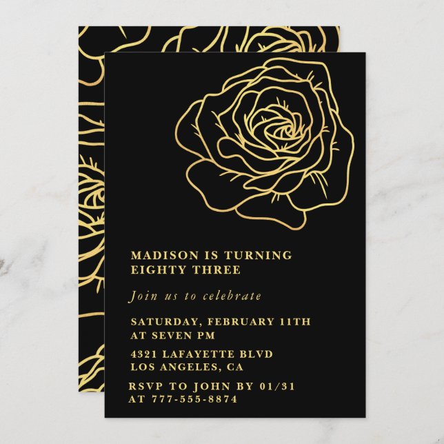 Rose Black Gold 83e anniversaire invitations (Devant / Derrière)