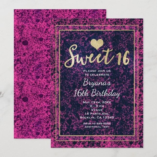 Rose & Black Gold Sweet 16 Modern Party Invitation (Devant / Derrière)