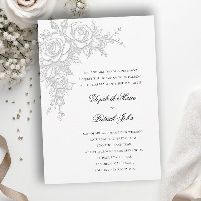 Rose Black White Timeless Formal Classic Wedding Invitation (black and white wedding invitation roses theme floral formal traditional modern classic luxury)