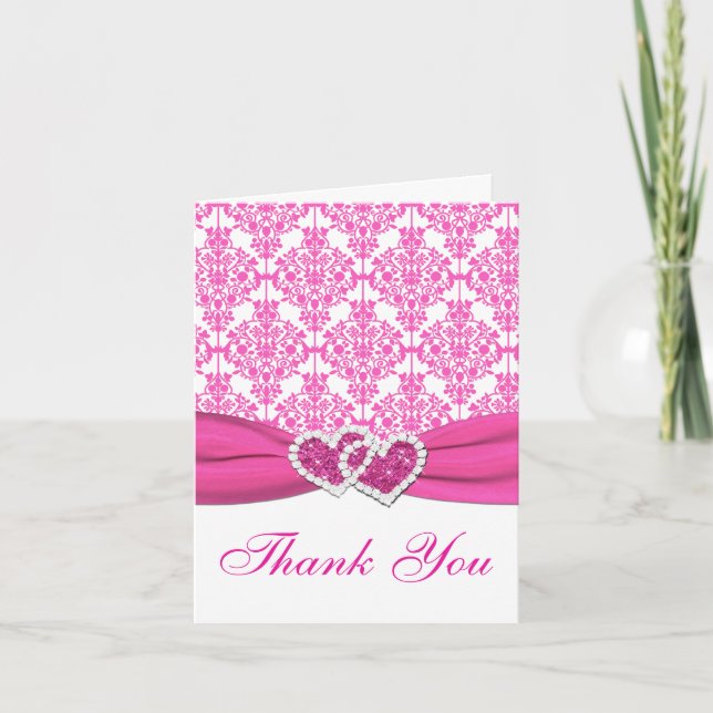 Rose, Blanc Damas Rejoint Coeurs Carte de remercie (Devant)