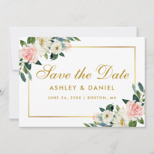 Rose Blanc Floral Enregistrer La Date Carte Or