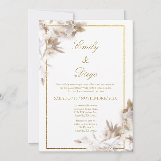 Rose blanche élégance mariage Invitation en espagn (Devant)