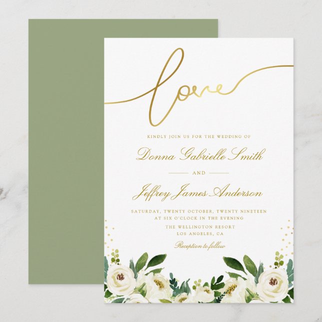 rose blanche et faire-part de mariage verdoyante (Devant / Derrière)