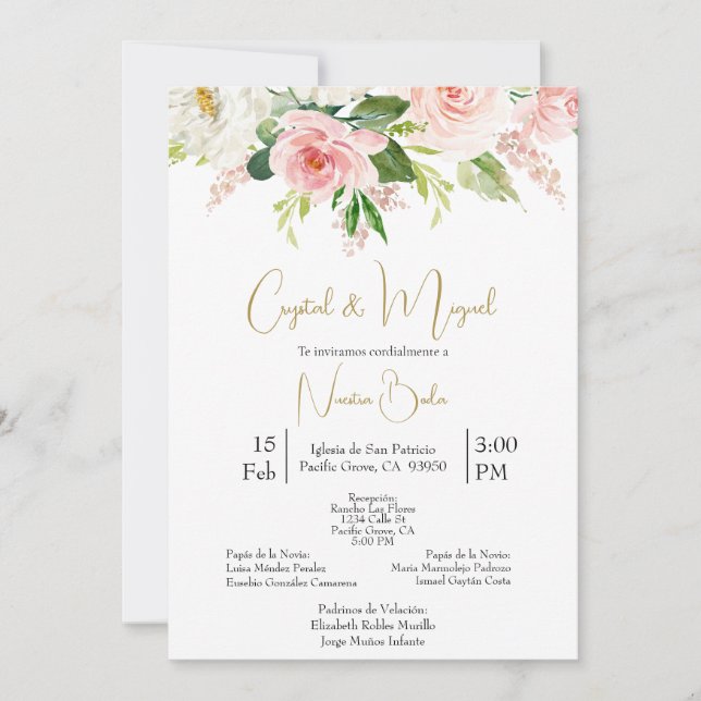 Rose blanche et rose faire-part de mariage en espa (Devant)