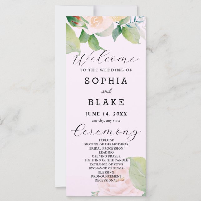Rose blanche Feuilles verts Programme de mariage r (Devant)