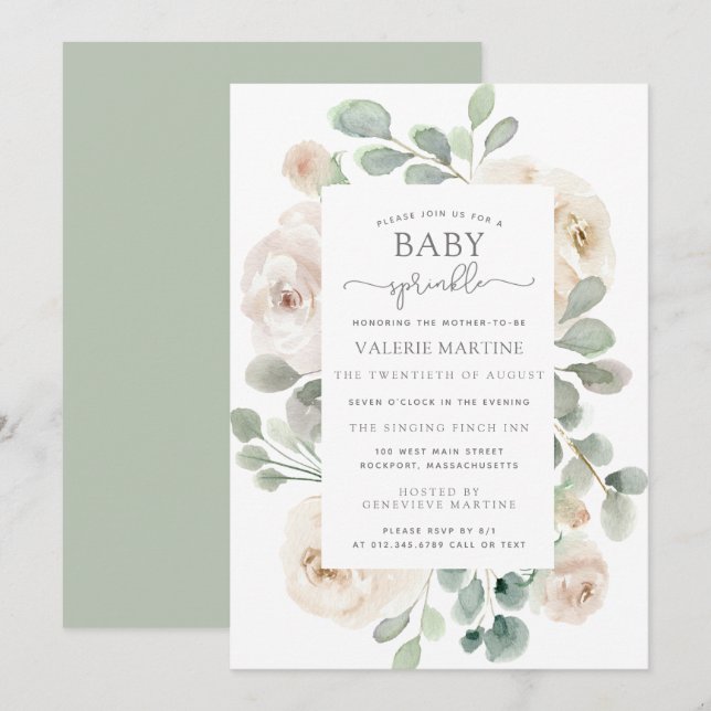 Rose blanche Floral Baby Sprinkl Invitation (Devant / Derrière)