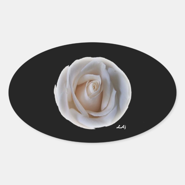Rose blanche sur Sticker ovale noir (Devant)