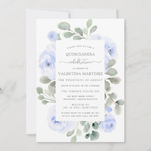 Rose bleu Floral Botanique Quinceanera Invitation