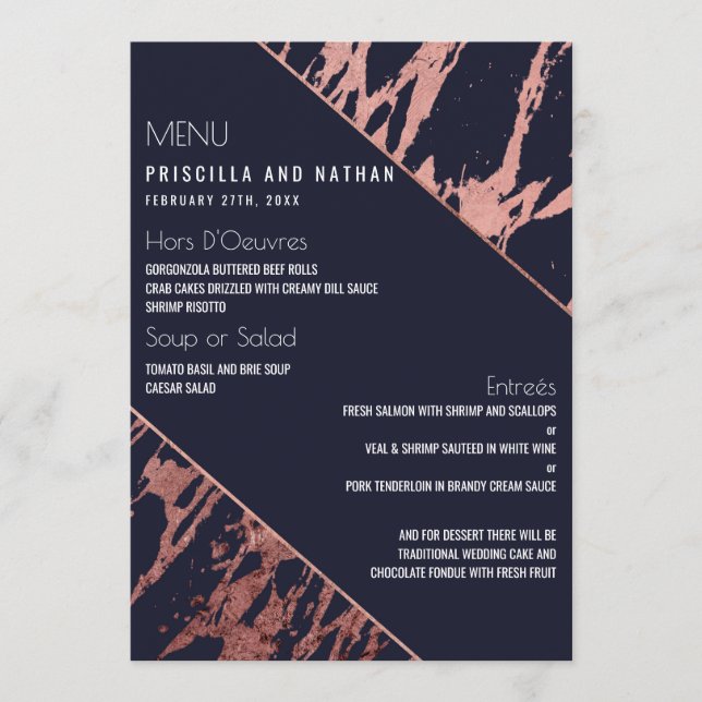 Rose bleu marine Marbre or Diagonal Mariage Menu (Devant)
