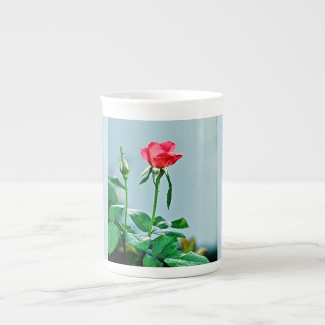 Rose bloom and bud on bone china mug (Front)