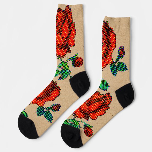 Rose Bloom Halftone on Brown Paper  Fine Art Socks (Left)
