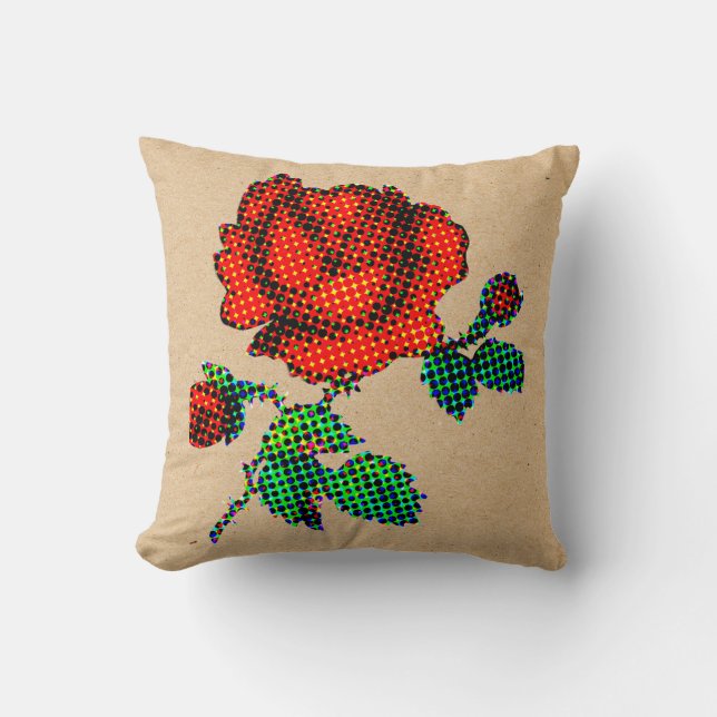 Rose Bloom Halftone on Brown Paper Fine Art Throw Pillow (Front)