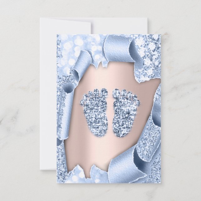 Rose Blue Baby Shower Feet Boy Glitter  Invitation (Back)