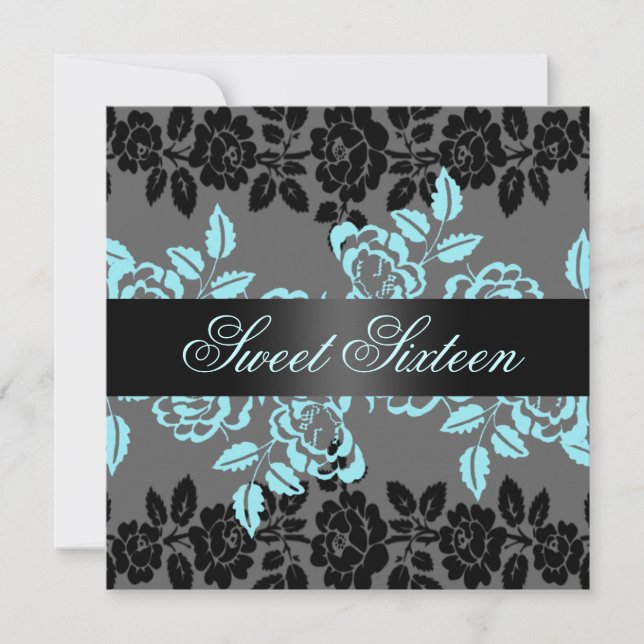 Rose Blue/Black & Grey Sweet 16 Birthday Invite (Front)