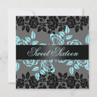 Rose Blue/Black & Grey Sweet 16 Birthday Invite