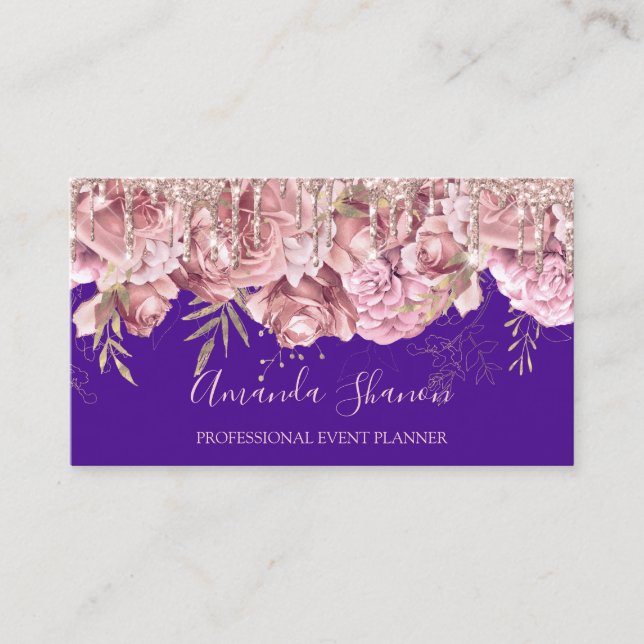 Rose Blue Elegant Flower Logo Event Planner QRCODE Business Card (Front)