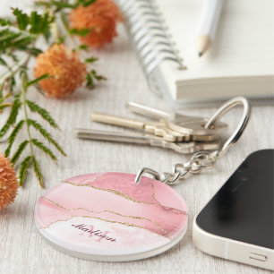 Rose Blush And Gold Glitter Agate Monogram Keychain