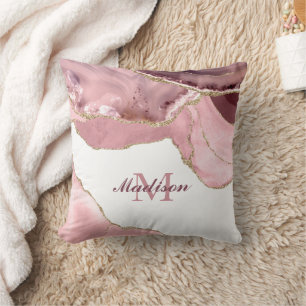 Rose Blush And Gold Glitter Agate Monogram Throw Pillow