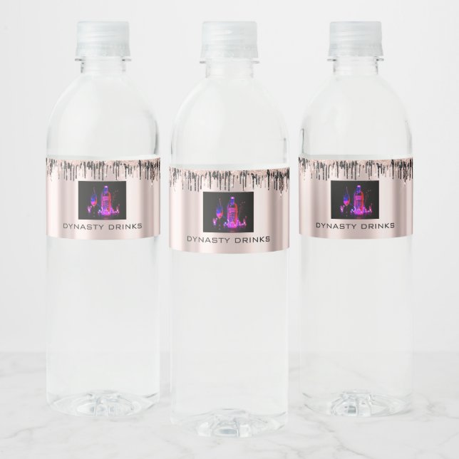 Rose Blush Black Drips Dynasty Drinks Event Logo Water Bottle Label (Bottles)