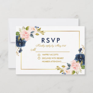 Rose Blush Blue Floral Wedding RSVP Gold