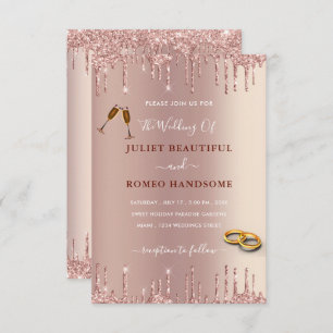 Rose Blush Glitter Drips Modern Wedding Invitation