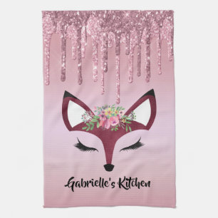 Rose Blush Glitter Paint Girly Fox Kitchen Towel