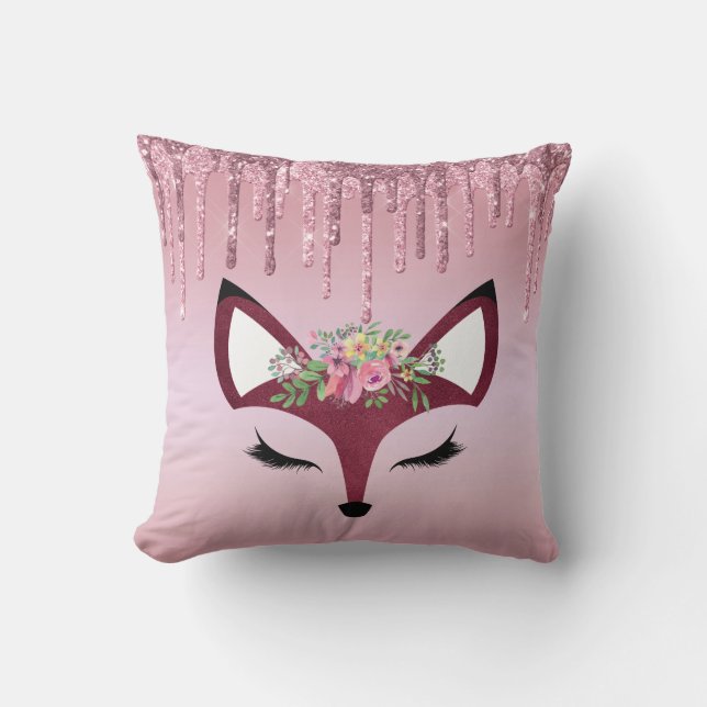Rose Blush Glitter Paint Girly Fox Throw Pillow (Front)