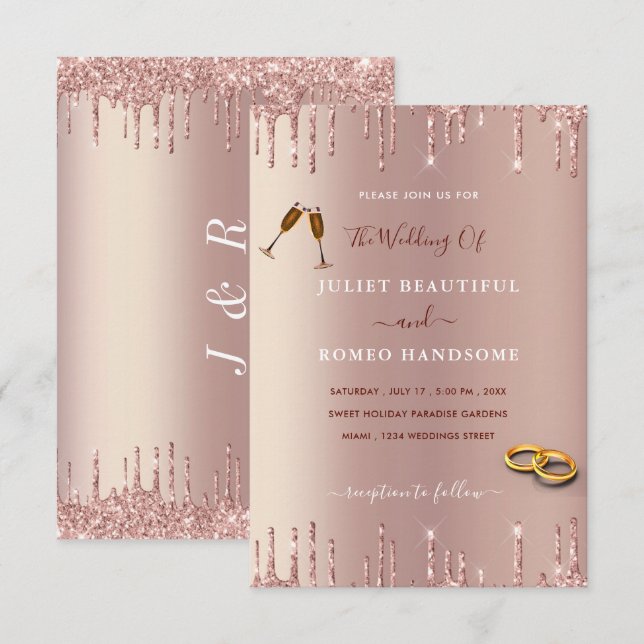 Rose Blush Gold Drips Luxury Wedding Invitation (Front/Back)