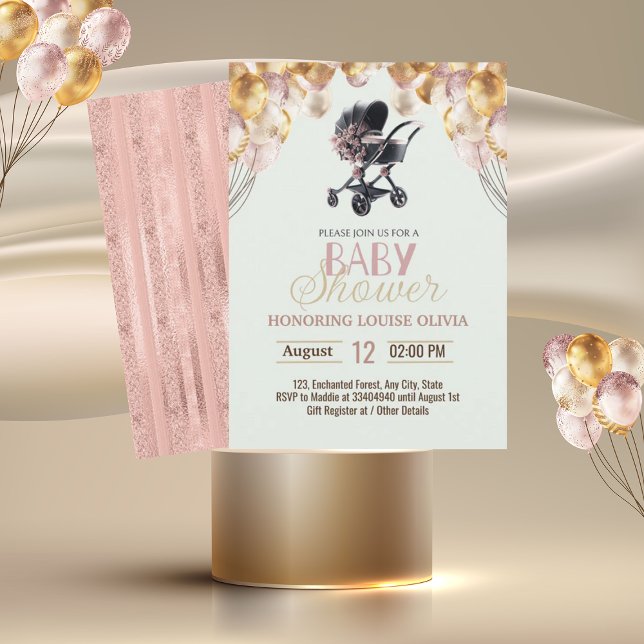 Rose Blush Gold Stroller Glitter Girl Baby Shower Invitation (Creator Uploaded)