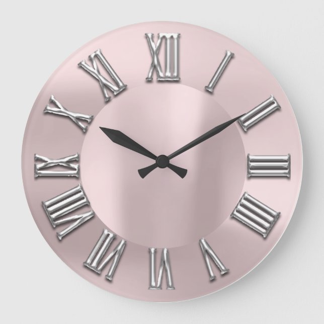 Rose Blush Grey Metal Grey Silver Roman Number Large Clock (Front)