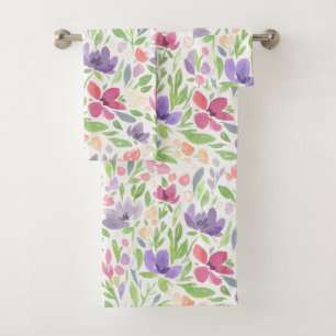 Rose Blush Lavender Botanical Watercolor Floral Bath Towel Set