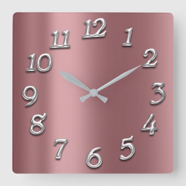 Rose Blush Metallic Arabic Numbers Silver Grey Square Wall Clock (Front)