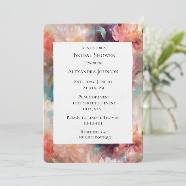 Rose Blush Peach Orange Floral Bridal Shower Invitation (Standing Front)