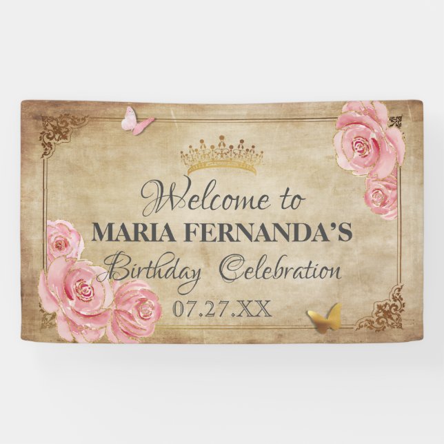 Rose Blush Pink Butterfly Crown Gold Quinceanera Banner (Horizontal)
