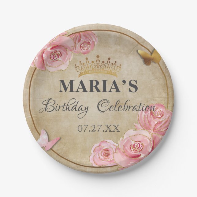 Rose Blush Pink Butterfly Crown Gold Quinceanera Paper Plate (Front)