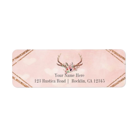 Rose Blush Pink Floral Deer Antlers Boho Chic Return Address Label