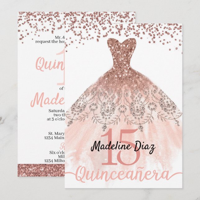 Rose Blush Pink Quinceanera Invitation d'anniversa (Devant / Derrière)