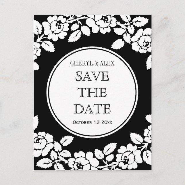 Rose border black white wedding Save the Date Announcement Postcard (Front)