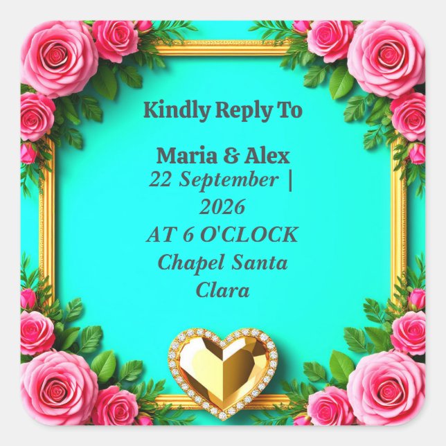 🌸 Rose Border Wedding With Turquoise Colours 🌸 Square Sticker (Front)