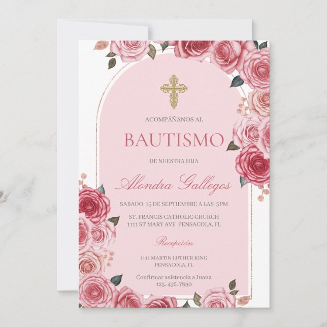 Rose bouquet baptism  invitation (Front)