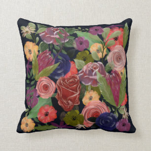 Rose bouquet garden flowers deep blue throw pillow