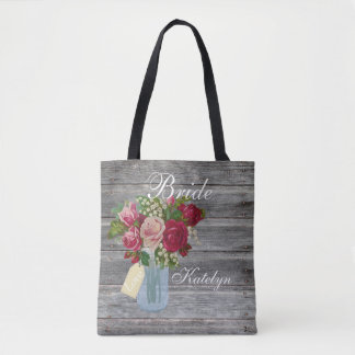 Rose Bouquet Mason Jar Personalized Bride Country Tote Bag