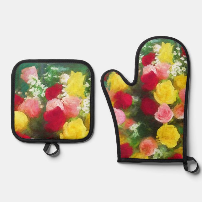 Rose Bouquet of Roses Painting Original Flower Art Oven Mitt & Pot Holder Set (Front)