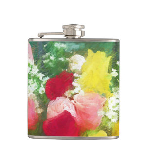 Rose Bouquet Painting - Cute Original Flower Art Hip Flask